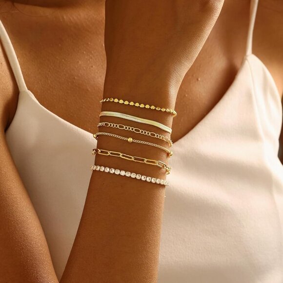 Waterproof Gold Bracelets Set 14K Plated Dainty Stackable Jewelry for Women - Picture 4 of 9